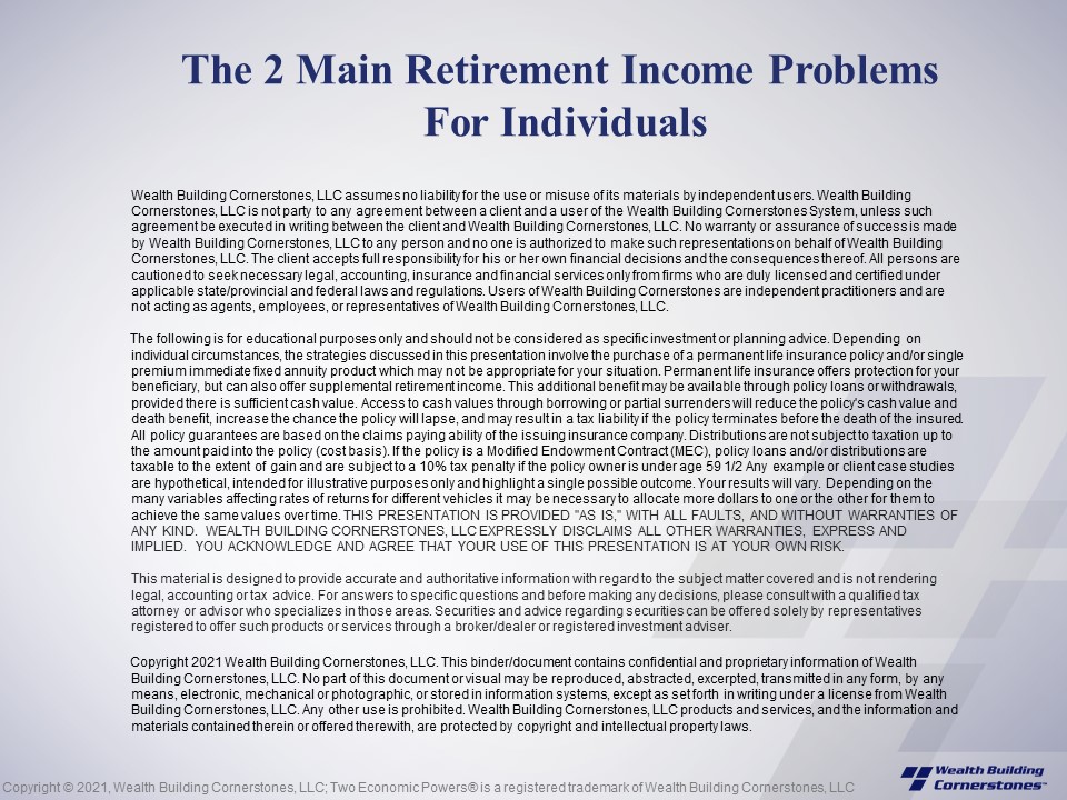 Two Main Retirement Income Problems - Wealth Building Cornerstones, LLC